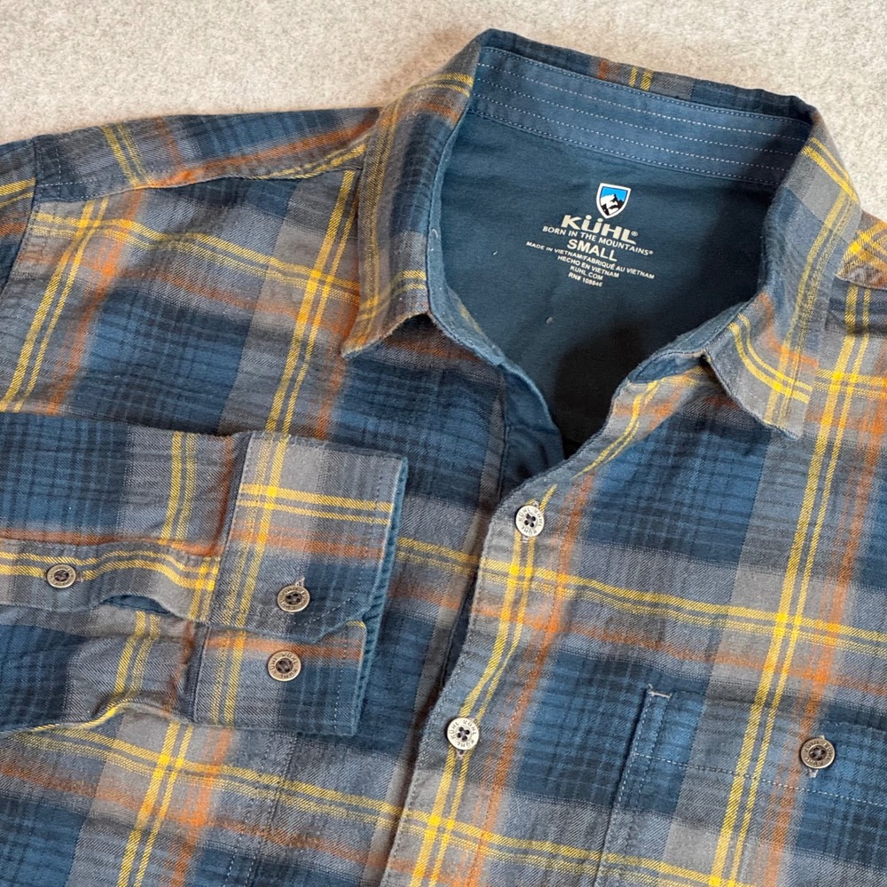 Kühl Men's Fugitive Flannel Shirt Small Plaid Long Sleeve Blue Orange RN 108846